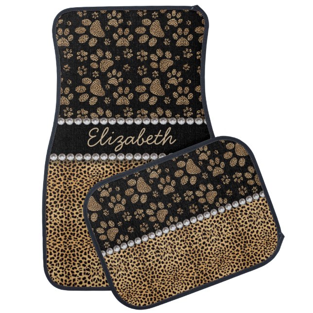 Leopard Spot Paw Prints Rhinestone PHOTO PRINT Car Mat (Set)