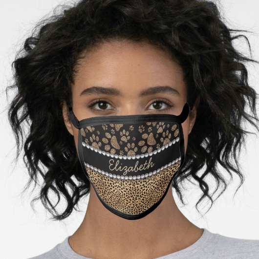 Leopard Spot Paw Prints Rhinestone PHOTO PRINT Face Mask (Worn Her)