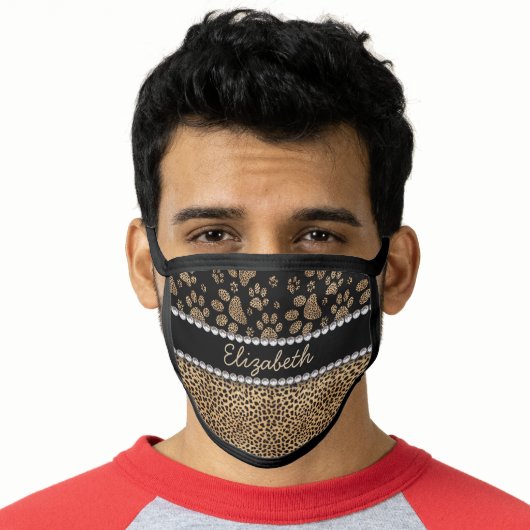 Leopard Spot Paw Prints Rhinestone PHOTO PRINT Face Mask (Worn Him)