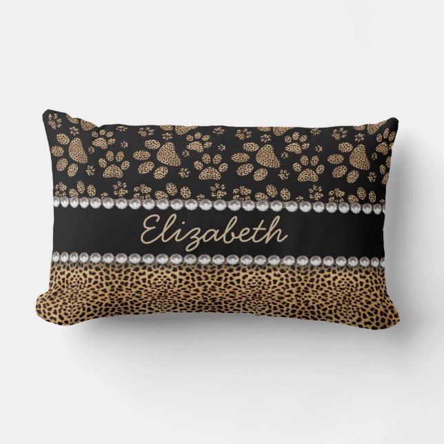 Leopard Spot Paw Prints Rhinestone PHOTO PRINT Lumbar Pillow (Front)