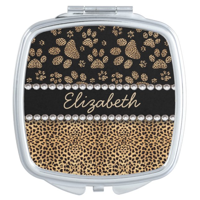 Leopard Spot Paw Prints Rhinestone PHOTO PRINT Makeup Mirror (Front)