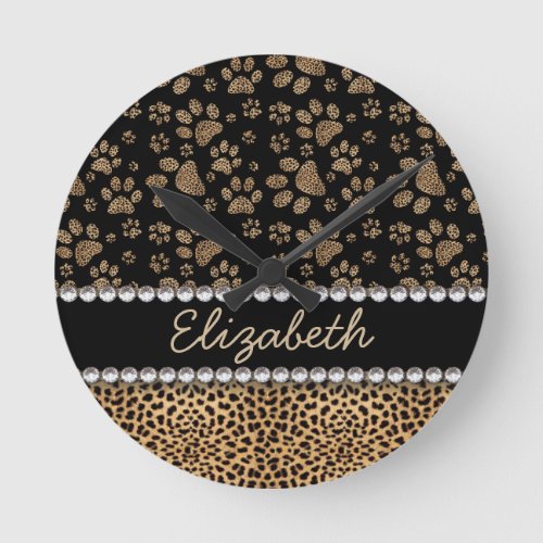 Leopard Spot Paw Prints Rhinestone PHOTO PRINT Round Clock