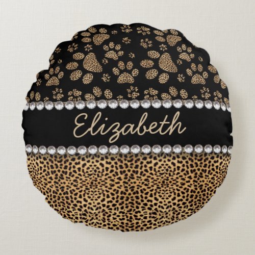 Leopard Spot Paw Prints Rhinestone PHOTO PRINT Round Pillow