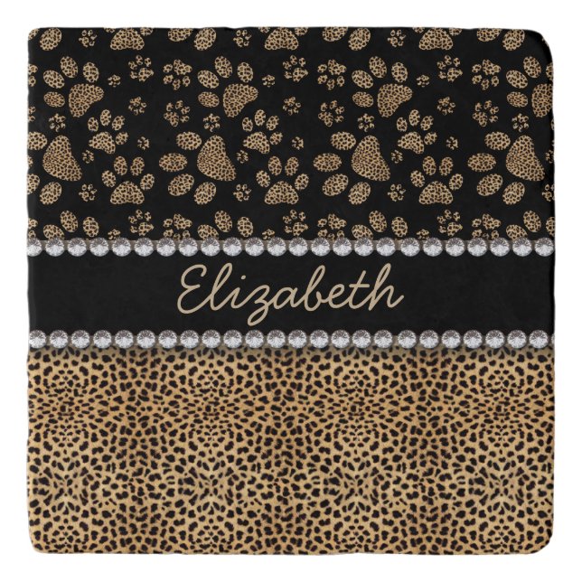 Leopard Spot Paw Prints Rhinestone PHOTO PRINT Trivet (Front)