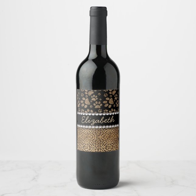 Leopard Spot Paw Prints Rhinestone PHOTO PRINT Wine Label (Front)