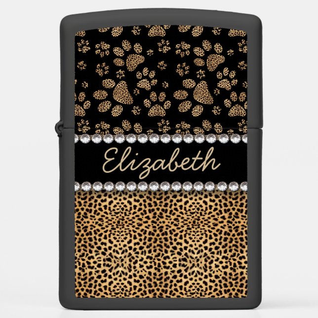 Leopard Spot Paw Prints Rhinestone PHOTO PRINT Zippo Lighter (Front)