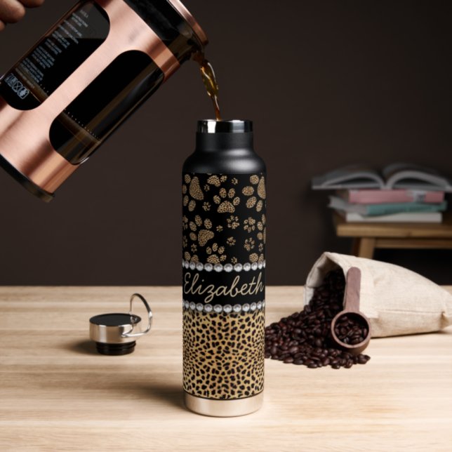Leopard Spot Paw Prints Rhinestone Water Bottle (Insitu (Coffee))