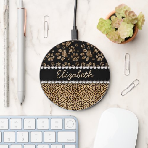 Leopard Spot Paw Prints Rhinestone Wireless Charger