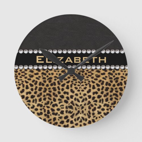 Leopard Spot Rhinestone Diamonds Monogram FOTO Round Clock