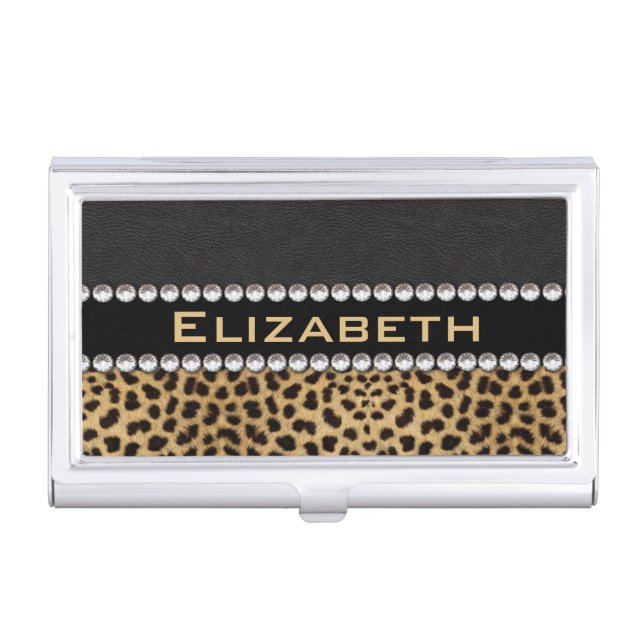 Leopard Spot Rhinestone Diamonds Monogram PHOTO Business Card Case (Front)