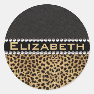 Leopard Spot Rhinestone Diamonds Monogram PHOTO Classic Round Sticker