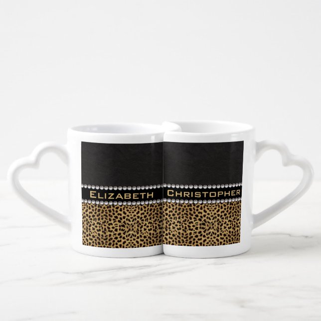 Leopard Spot Rhinestone Diamonds Monogram PHOTO Coffee Mug Set (Front Nesting)