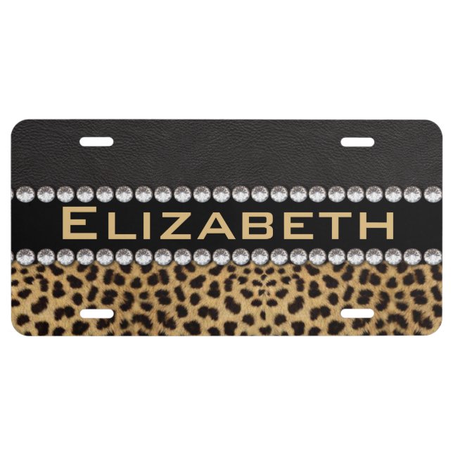 Leopard Spot Rhinestone Diamonds Monogram PHOTO License Plate (Front)