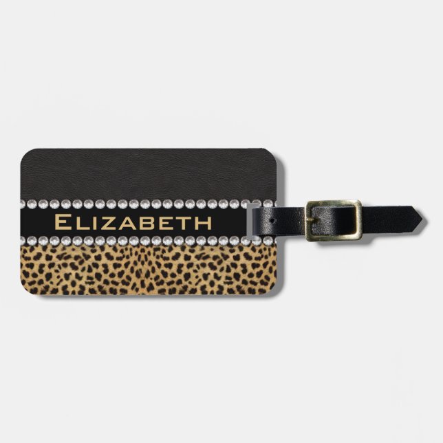 Leopard Spot Rhinestone Diamonds Monogram PHOTO Luggage Tag (Front Horizontal)