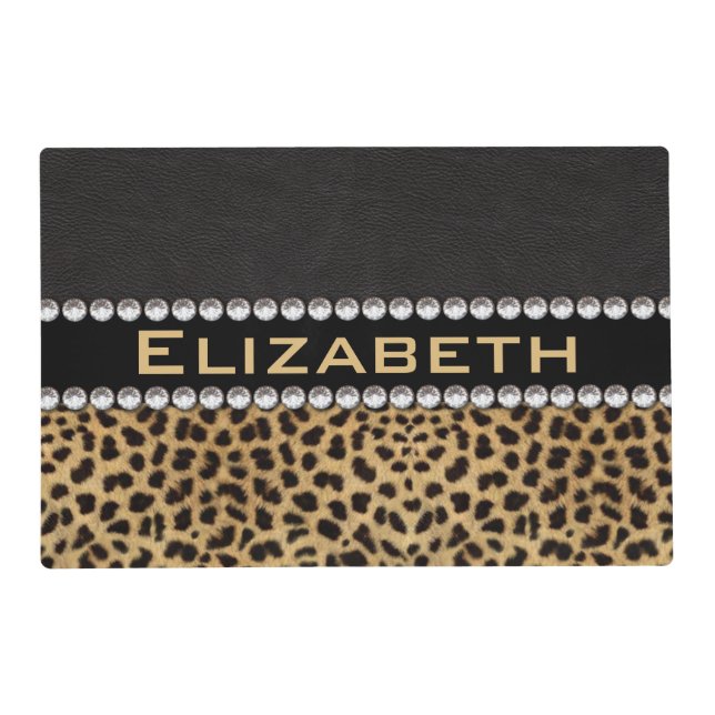 Leopard Spot Rhinestone Diamonds Monogram PHOTO Placemat (Front)