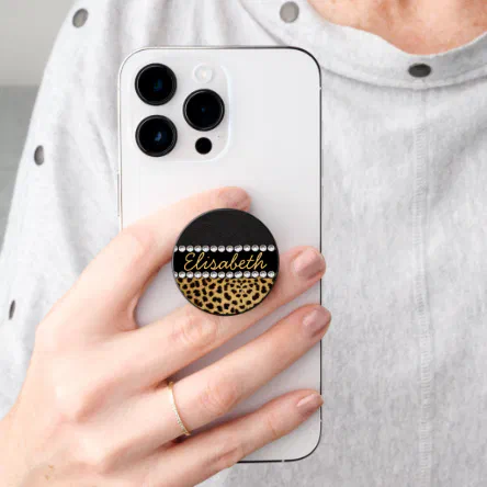 Leopard Spot Rhinestone Diamonds Monogram PHOTO PopSocket (Hand)
