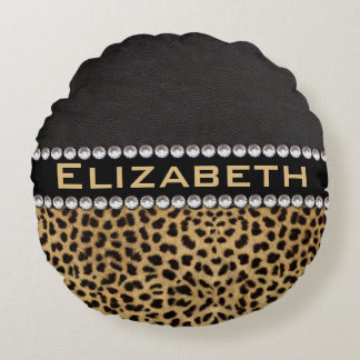 Leopard Spot Rhinestone Diamonds Monogram PHOTO Round Pillow