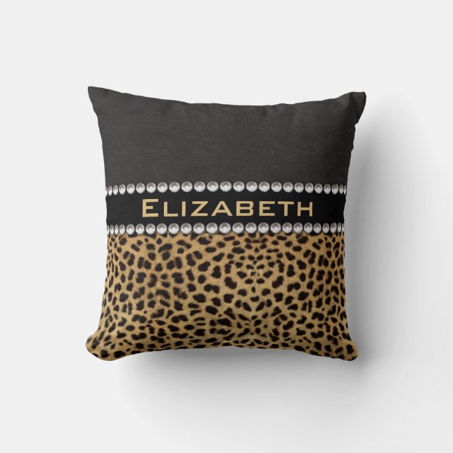 Leopard Spot Rhinestone Diamonds Monogram PHOTO Throw Pillow (Front)
