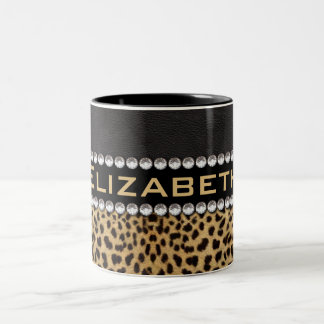 Leopard Spot Rhinestone Diamonds Monogram PHOTO Two-Tone Coffee Mug
