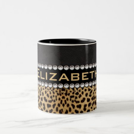Leopard Spot Rhinestone Diamonds Monogram Photo Two-tone Coffee Mug