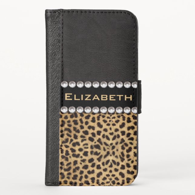 Leopard Spot Rhinestone Diamonds Personalize iPhone Wallet Case (Front)
