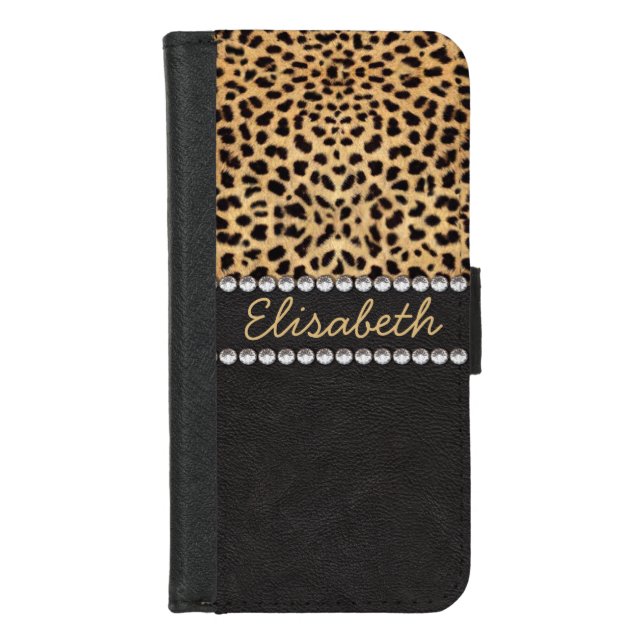 Leopard Spot Rhinestone Diamonds Personalize iPhone Wallet Case (Front)