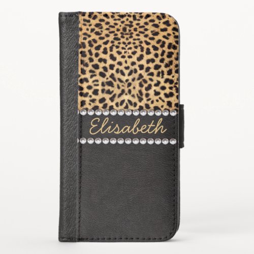 Leopard Spot Rhinestone Diamonds Personalized iPhone X Wallet Case