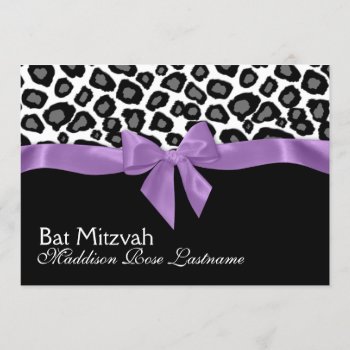 Leopard Spots And Purple Ribbon Bat Mitzvah Invitation by InBeTeen at Zazzle