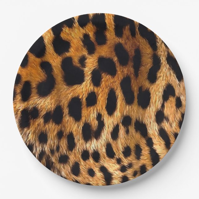 Leopard Spots Black Brown Wild Animal Fine Art Paper Plates (Front)