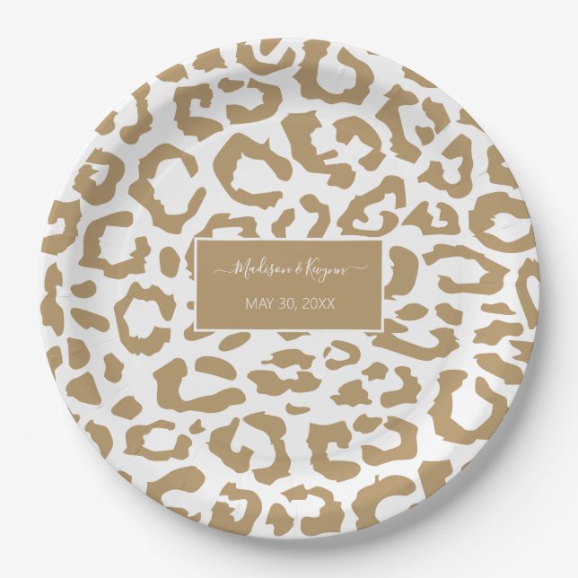 Leopard Spots Gold And White Animal Print Pattern Paper Plates (Front)