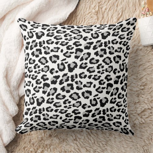 Leopard Spots Gray and Black Animal Print Pattern Throw Pillow