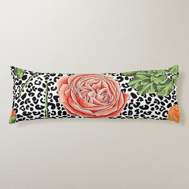 Leopard Spots Orange Floral Animal Pattern Body Pillow (Front)