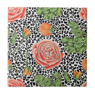 Leopard Spots Orange Floral Animal Pattern Ceramic Tile