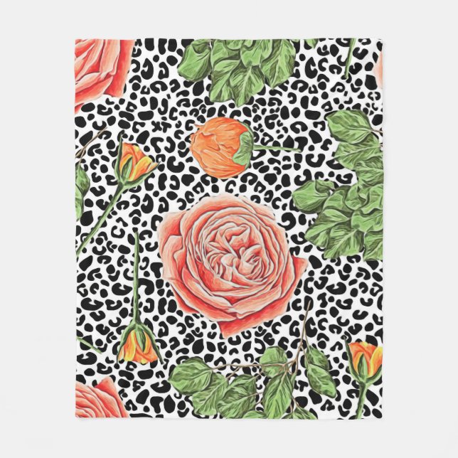 Leopard Spots Orange Floral Animal Pattern Fleece Blanket (Front)