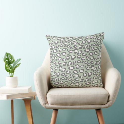 Leopard Spots Sage Green Gray Animal Print Pattern Throw Pillow