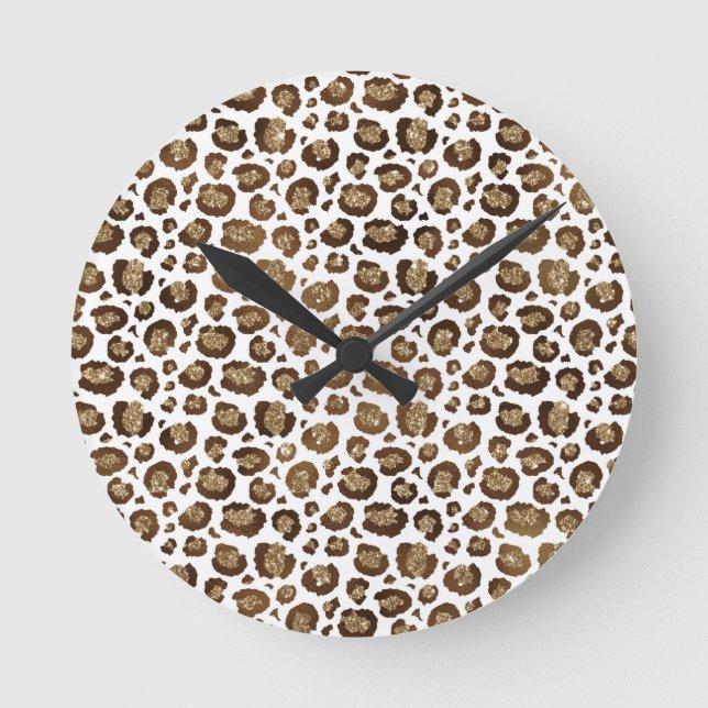 Leopard Spots Wild Animals Golden Glitter Safari Round Clock (Front)