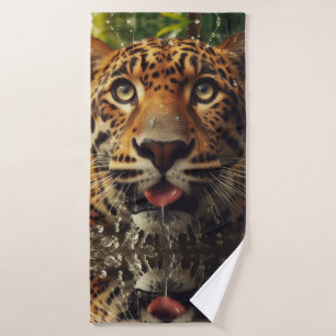 Leopard Stares While Lapping Water in Jungle  Bath Towel