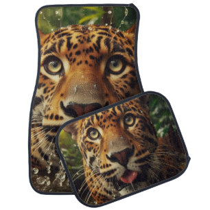 Leopard Stares While Lapping Water in Jungle Car Floor Mat