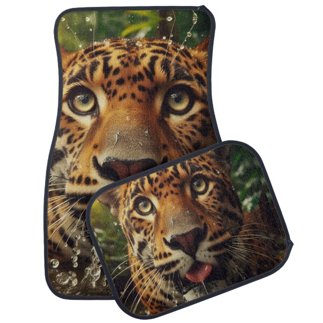 Leopard Stares While Lapping Water in Jungle  Car Floor Mat (Set)