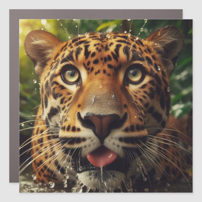 Leopard Stares While Lapping Water in Jungle  Car Magnet (Front)