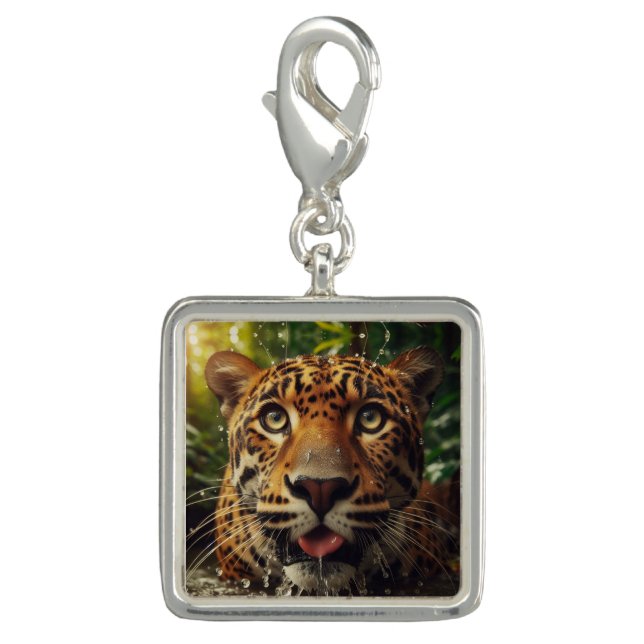 Leopard Stares While Lapping Water in Jungle  Charm (Front)