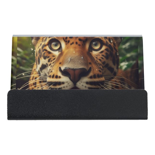 Leopard Stares While Lapping Water in Jungle  Desk Business Card Holder (Front)