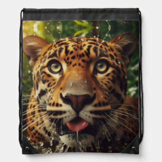 Leopard Stares While Lapping Water in Jungle  Drawstring Bag