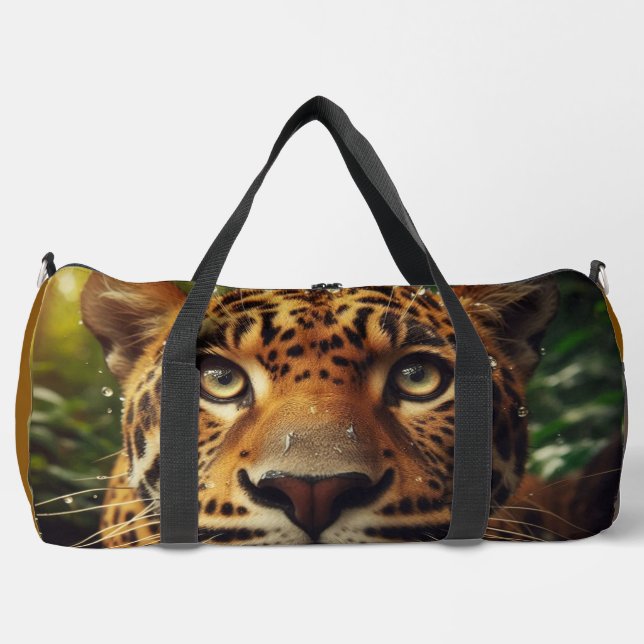 Leopard Stares While Lapping Water in Jungle  Duffle Bag (Front)