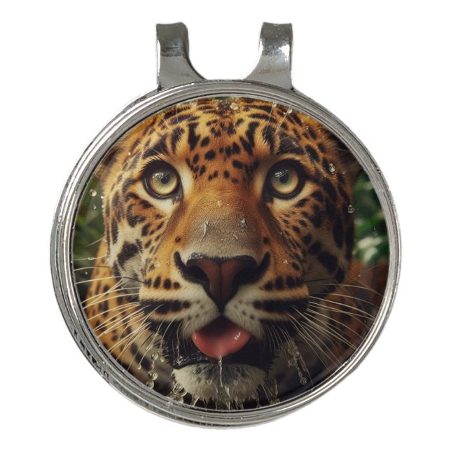 Leopard Stares While Lapping Water in Jungle  Golf Hat Clip (Front)