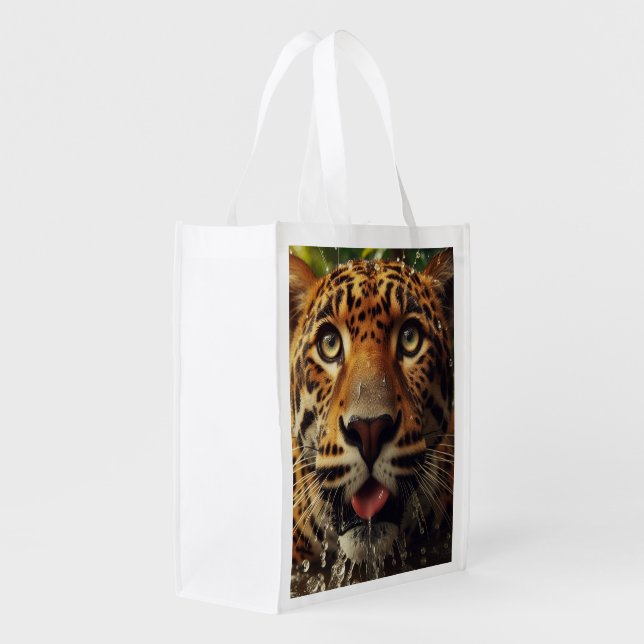 Leopard Stares While Lapping Water in Jungle  Grocery Bag (Back Side)