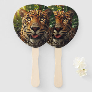 Leopard Stares While Lapping Water in Jungle Hand Fan