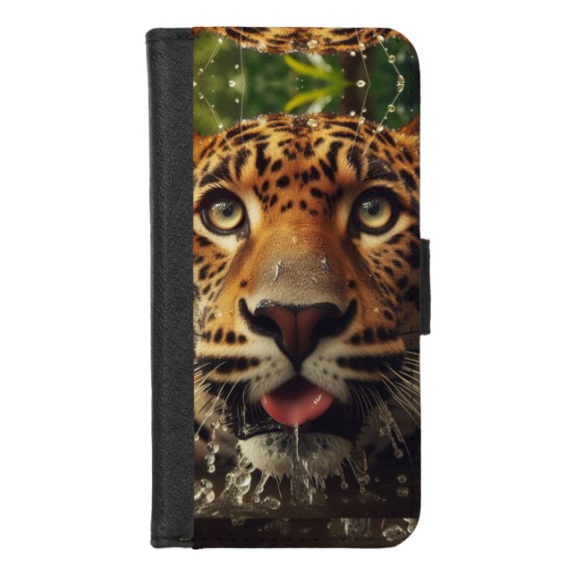 Leopard Stares While Lapping Water in Jungle  iPhone Wallet Case (Front)