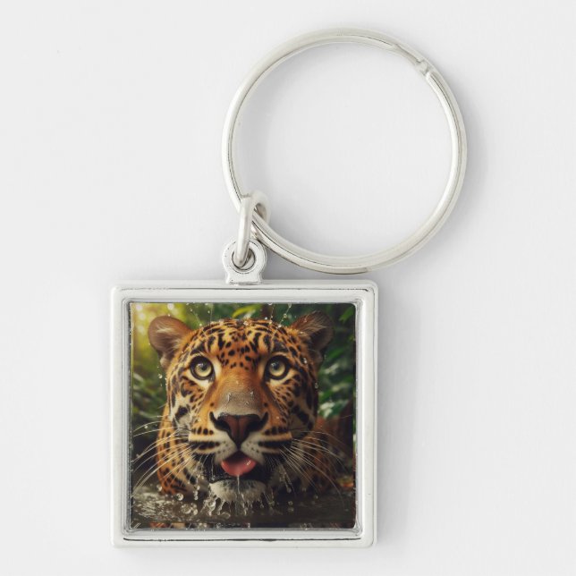 Leopard Stares While Lapping Water in Jungle  Keychain (Front)