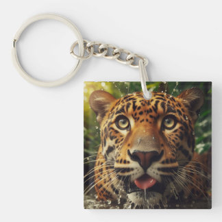 Leopard Stares While Lapping Water in Jungle Keychain